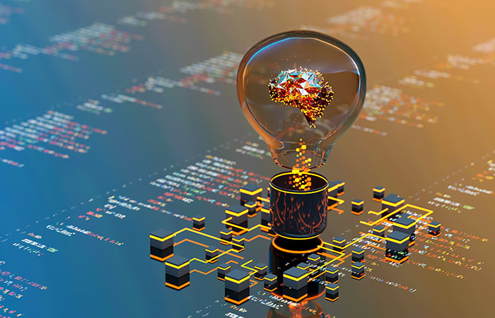 A digital brain inside a lightbulb emerging from computer code